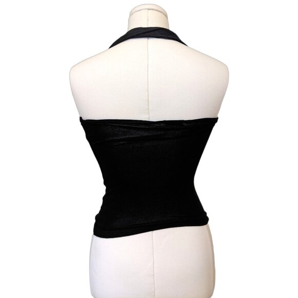 Vintage Y2K Black Bodycon Top Scarf One Shoulder Gothic Rhinestone Buckle Sz S - Picture 6 of 11